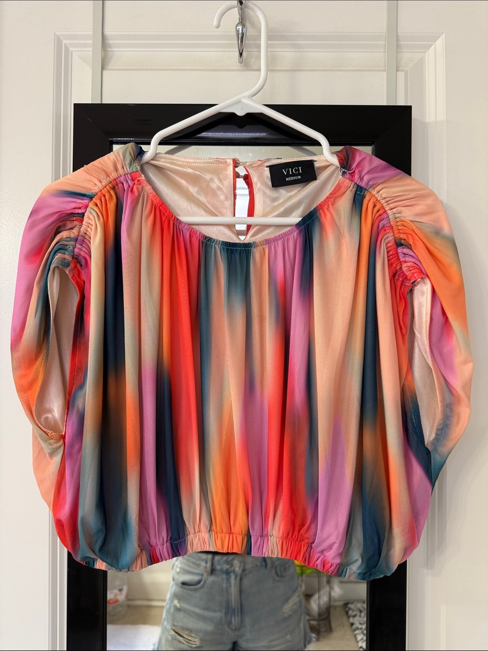 Vici Multicolor Satin Crop Top in Coral, Pink & Teal